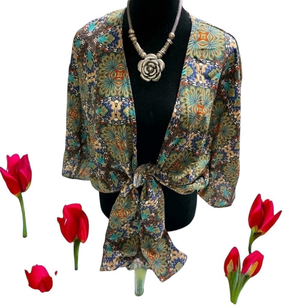 Black Bead Bohemian Kimono Sleeve Tie Waist Top M. Tie Front NWT - Picture 2 of 11